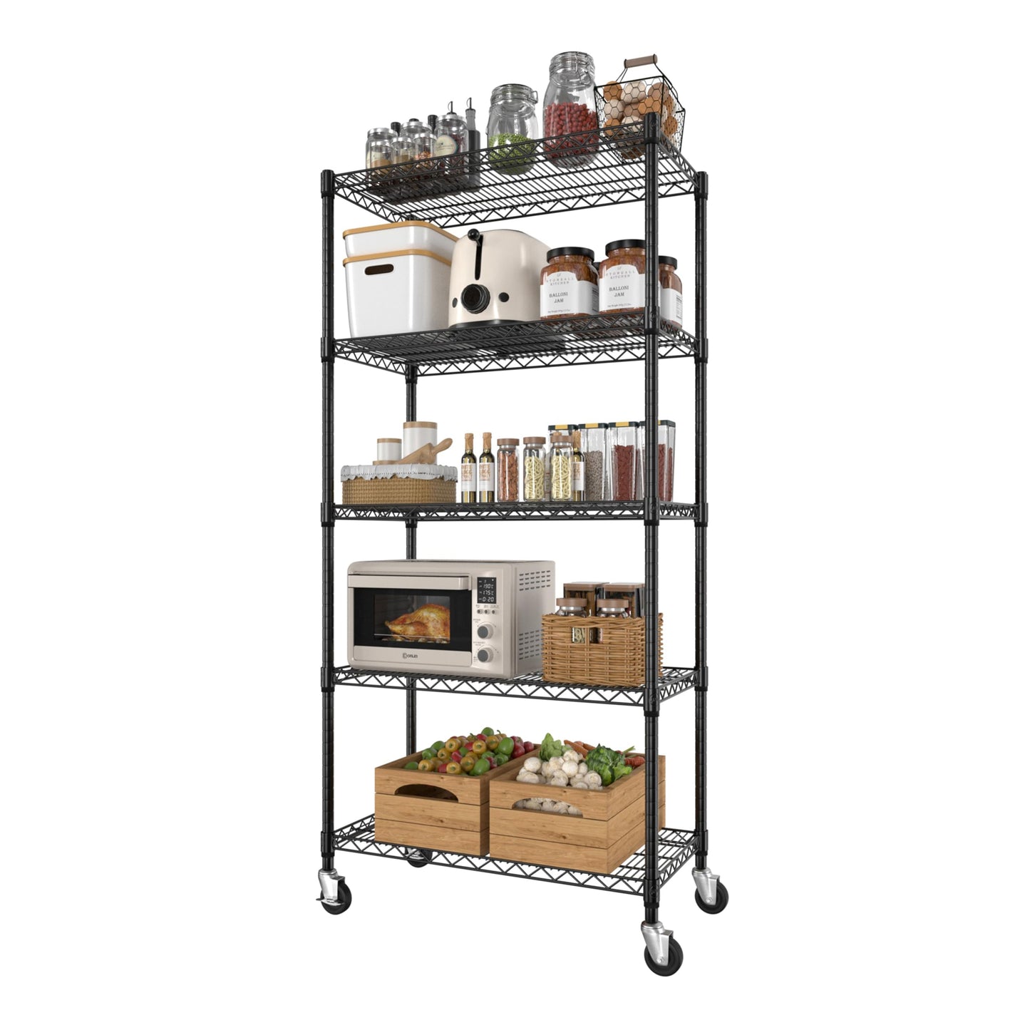 MUPATER 36" W x 18" D x 72" H Wire Shelving Rack, 5-Tier Heavy Duty Rolling Storage Cart with 2000LBS Capacity, Adjustable Shelves & 3" Silent Lockable Wheels for Kitchen, Black