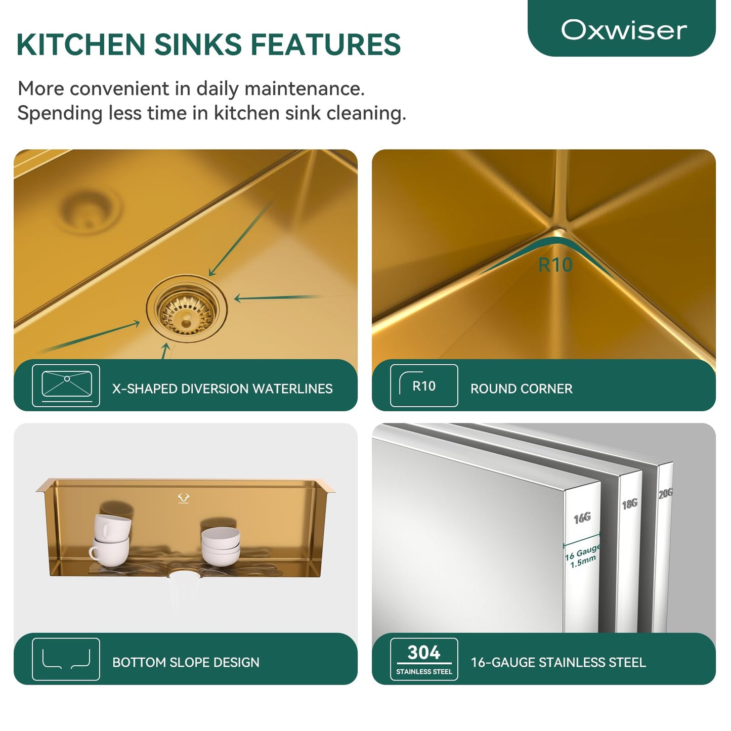 Drop In Kitchen Sink 27 Inch Gold Top Mount Sink 16 Gauge Stainless Steel 2-Hole Deep Single Bowl Kitchen Sinks 27"X22"X10"