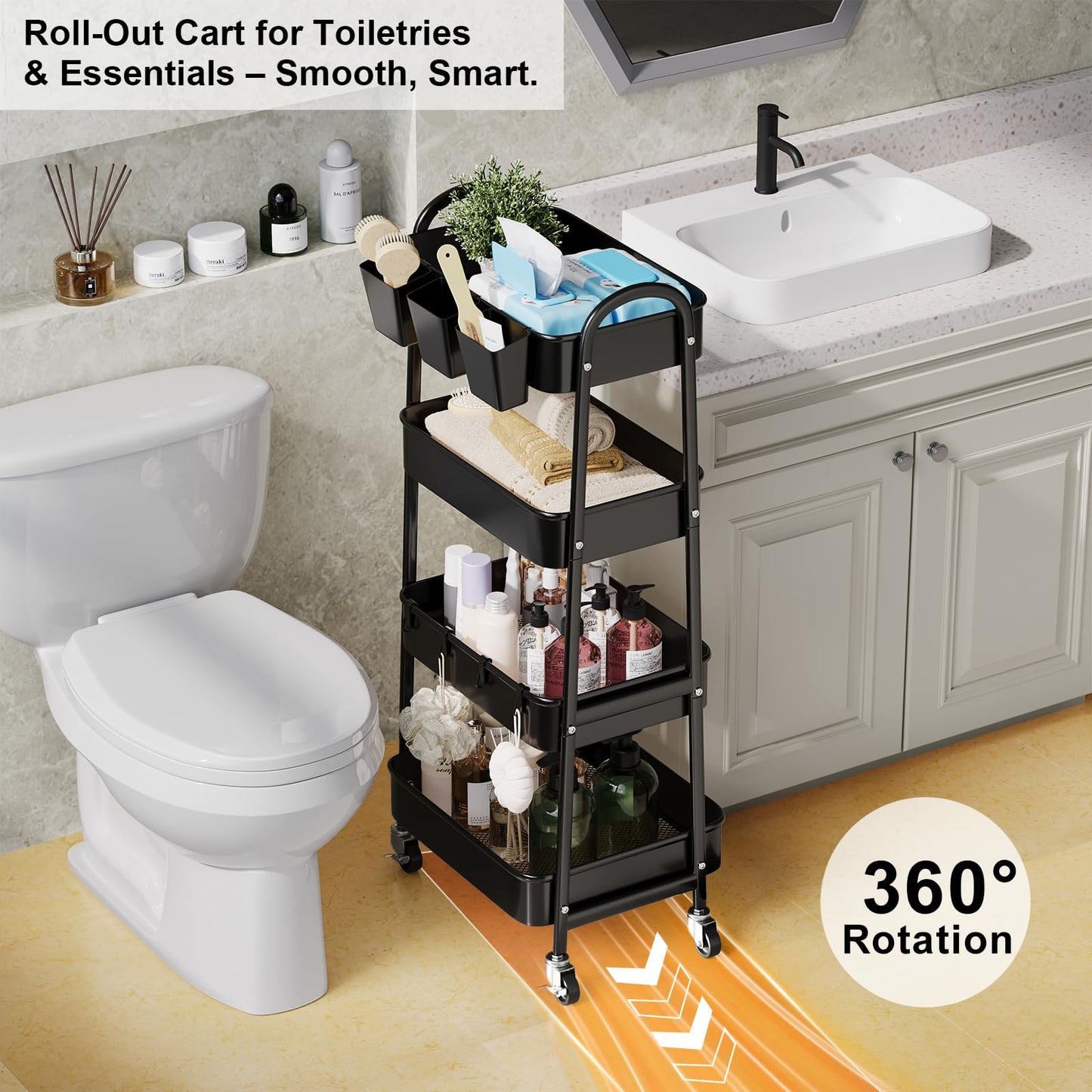 Black 4 Tier Rolling Cart Metal with Lockable Wheels, Four Tiered Tall Storage Rolling Cart on Wheels, Heavy Duty Utility Organizer Carts for Laundry, Kitchen, Dorm, Craft, Art, Snack,Mesh Basket,38in