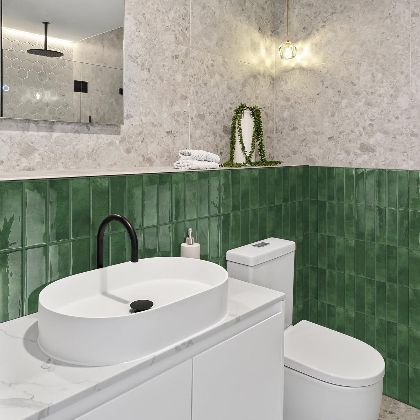 DEWOO Peel and Stick Subway Backsplash Green Kitchen Bathroom Rectangle Self Adhesive Wall Tile Brick (10-Sheet, 12"×12")