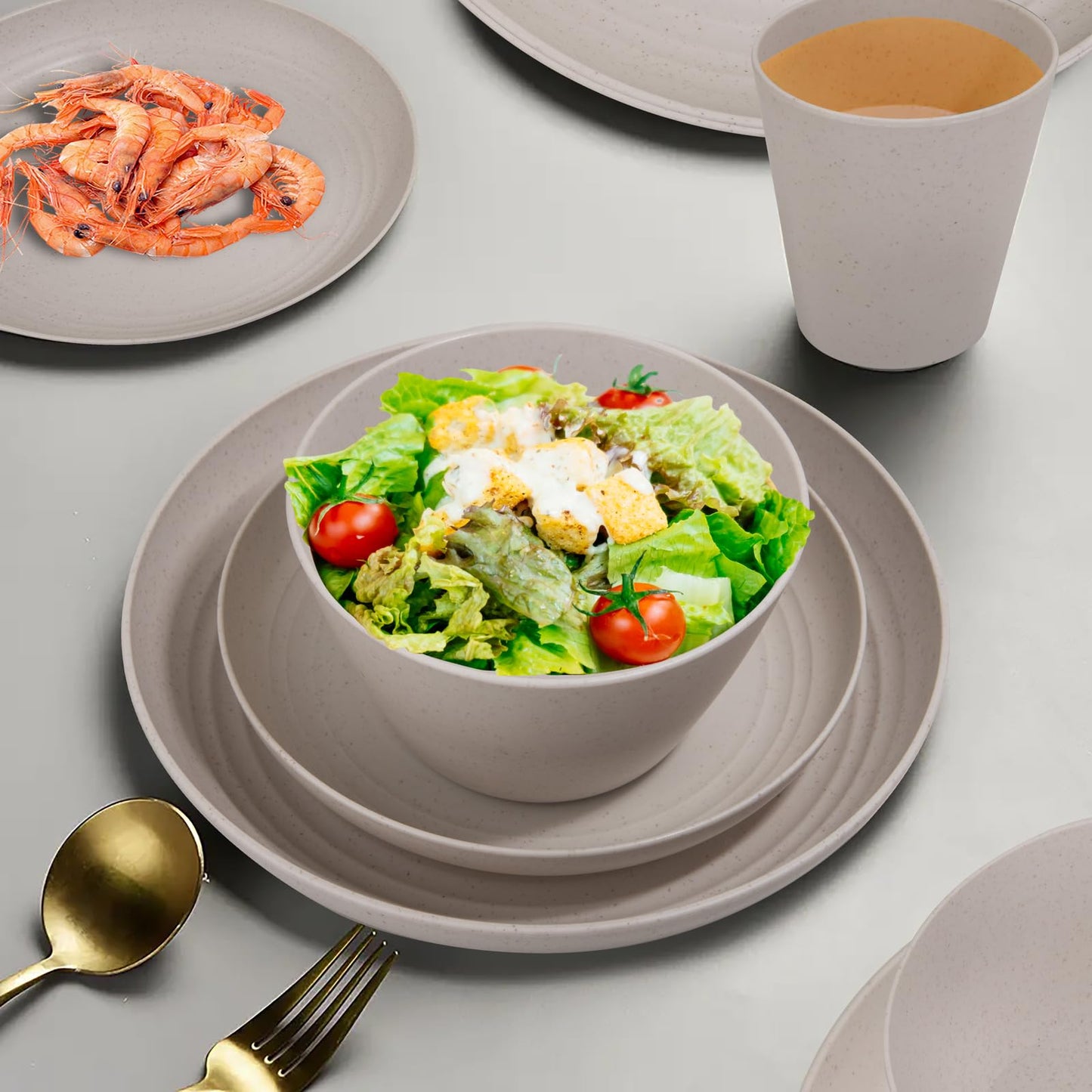 LIYH 48 Pcs Beige Plastic Wheat Straw Dinnerware Set - Reusable Plates and Bowls Sets,Unbreakable Plates Dishes Bowl Cup Outdoor Camper Dish Set for 12