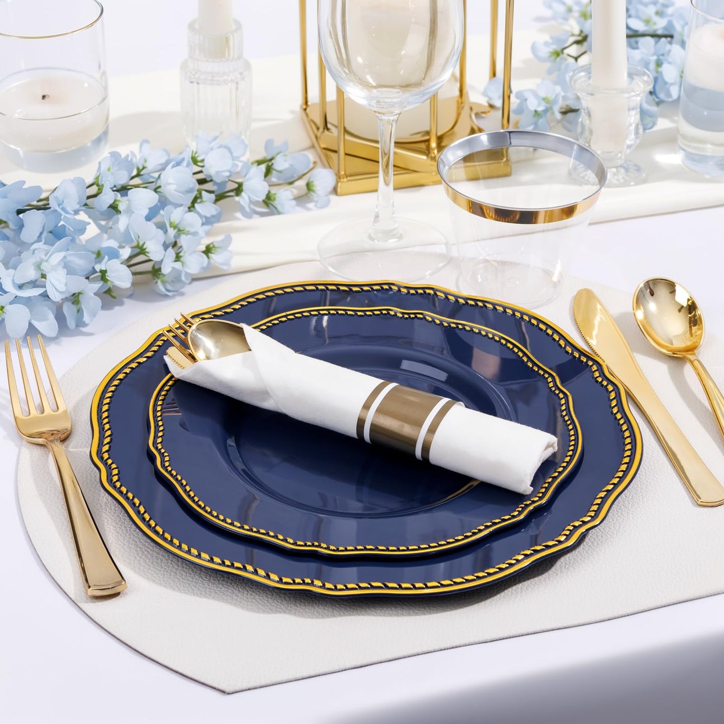Hioasis 350pcs Blue and gold Plastic Plates - Blue Plastic Dinnerware Set Includes 50 Dinner Plates, 50 Dessert Dinnerware, 50 Cups, 50 Rolled Napkin Cutlery Perfect for Wedding