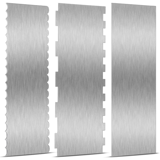 3 Pieces Stainless Steel Cake Scraper 10 Inch and 9 Inch Large Double Sided Patterned Edge Stripe Edge Smoother Scraper Cake Decorating Comb Pastry Cutter for Butter Mousse Cream Decoration
