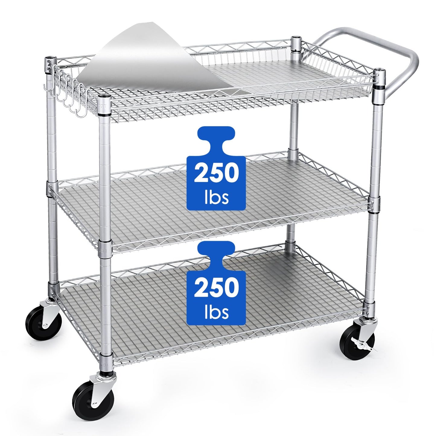 WDT Heavy Duty 3 Tier Utility Cart,Wire Rolling Carts with Wheels, Commercial Grade Service Cart with Shelving Liners and Handle Bar Metal Carts for Kitchen Office Hardware