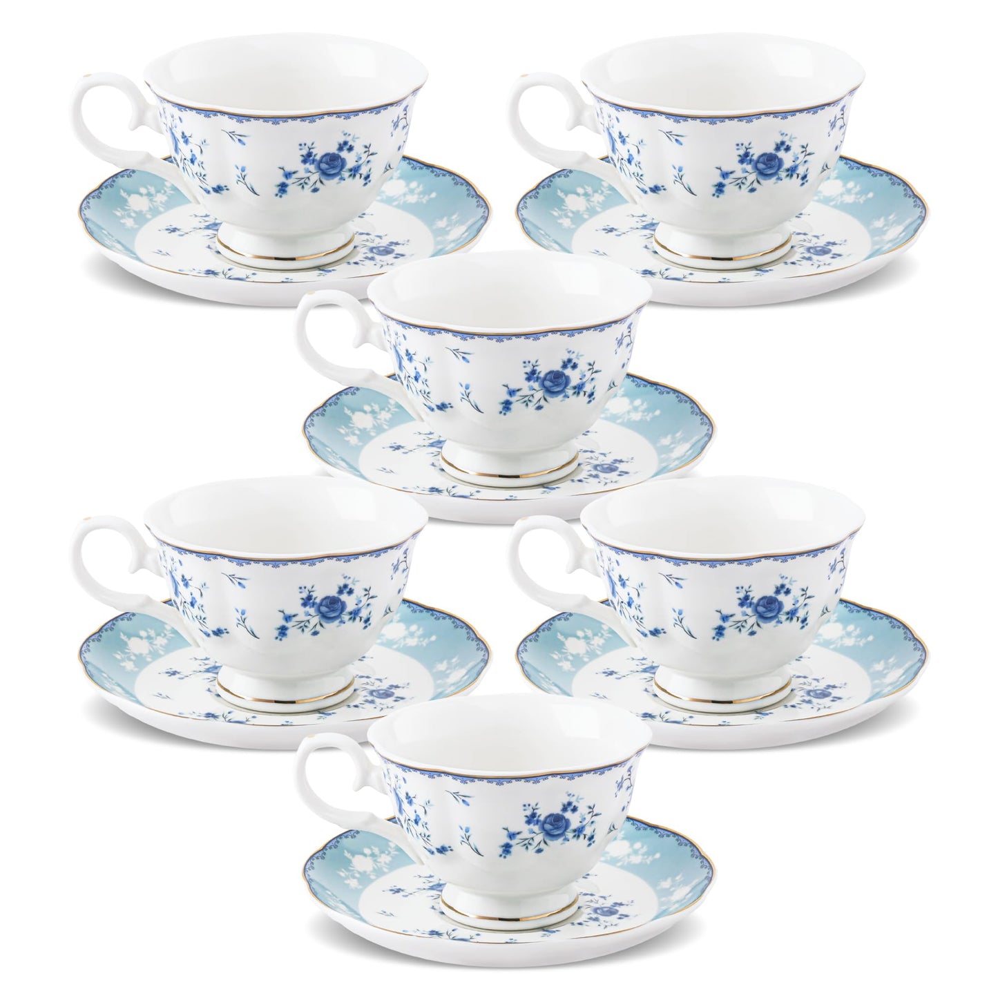 fanquare 5 Ounces Blue Rose Tea Cup Set of 6, Gold Trimmed Porcelain Coffee Cups for Party Home, Vintage British Afternoon Cup and Saucers