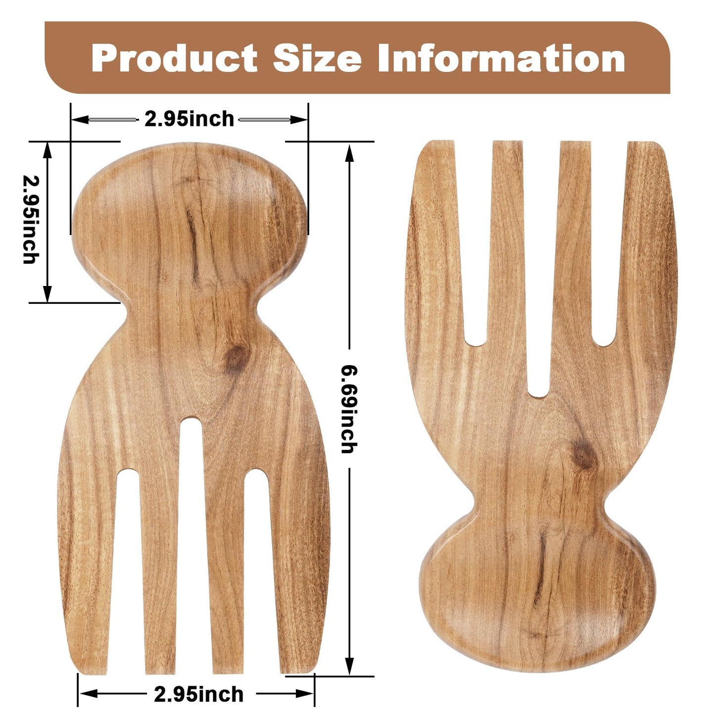 MYRAINBOW Salad Tongs, 2pcs Wood Salad Hands, Acacia Wooden Salad Tongs, Wooden Salad Serving Utensils for Tossing & Serving, 6.69" x 3", Kitchen Salad Servers Set, Ideal Gift for Home, Family,Friends