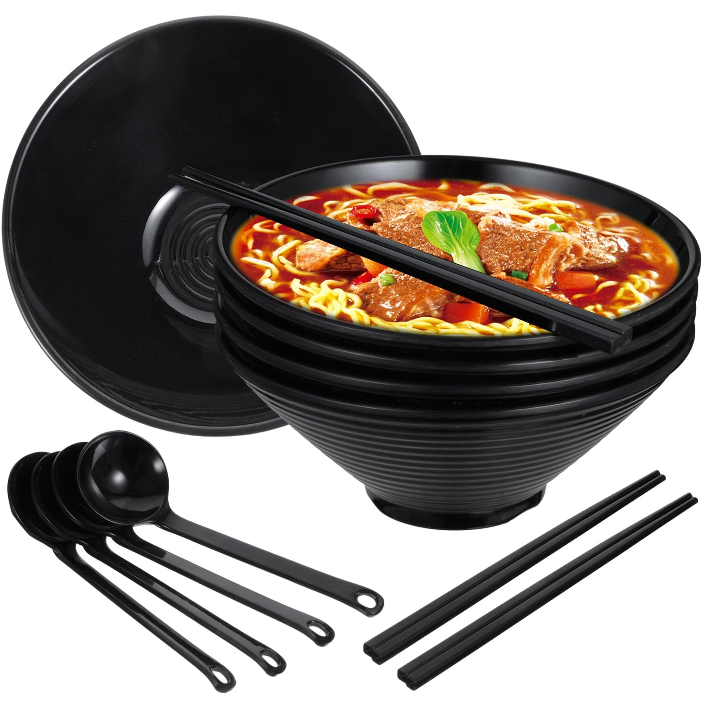 Set of 4 Ramen Bowl Set, Melamine Large Japanese Style Noodle Soup Bowls with Spoons and Chopsticks for Ramen, Pho, Noodles, Asian Dishes Black,Large Bowl for Adults| Dishwasher Safe (Black 8.7in)
