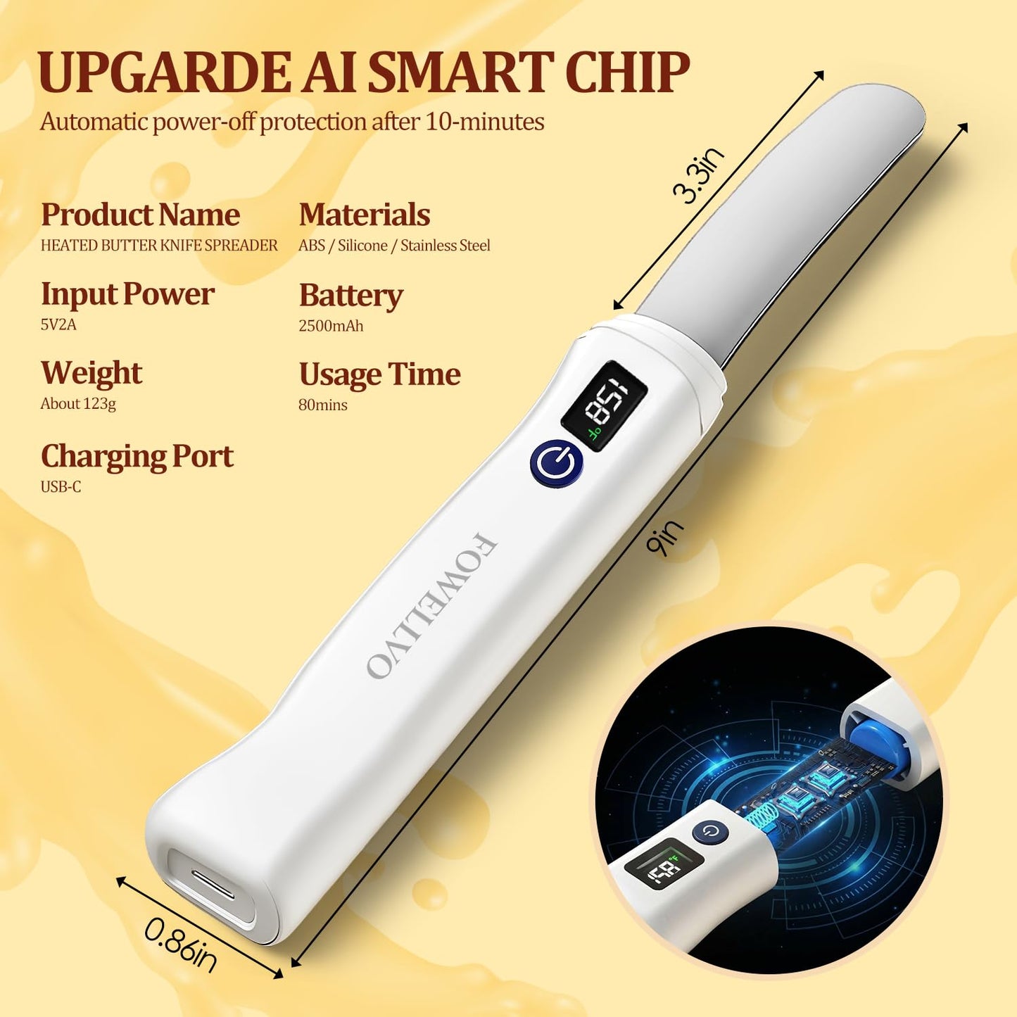 Heated Butter Knife Spreader – Stainless Steel, IP68 Waterproof, Rechargeable with Smart Temp Display | For Hard & Cold Butter, Cream Cheese & Jam – Perfect for Kitchen, Restaurant, Picnic & Party