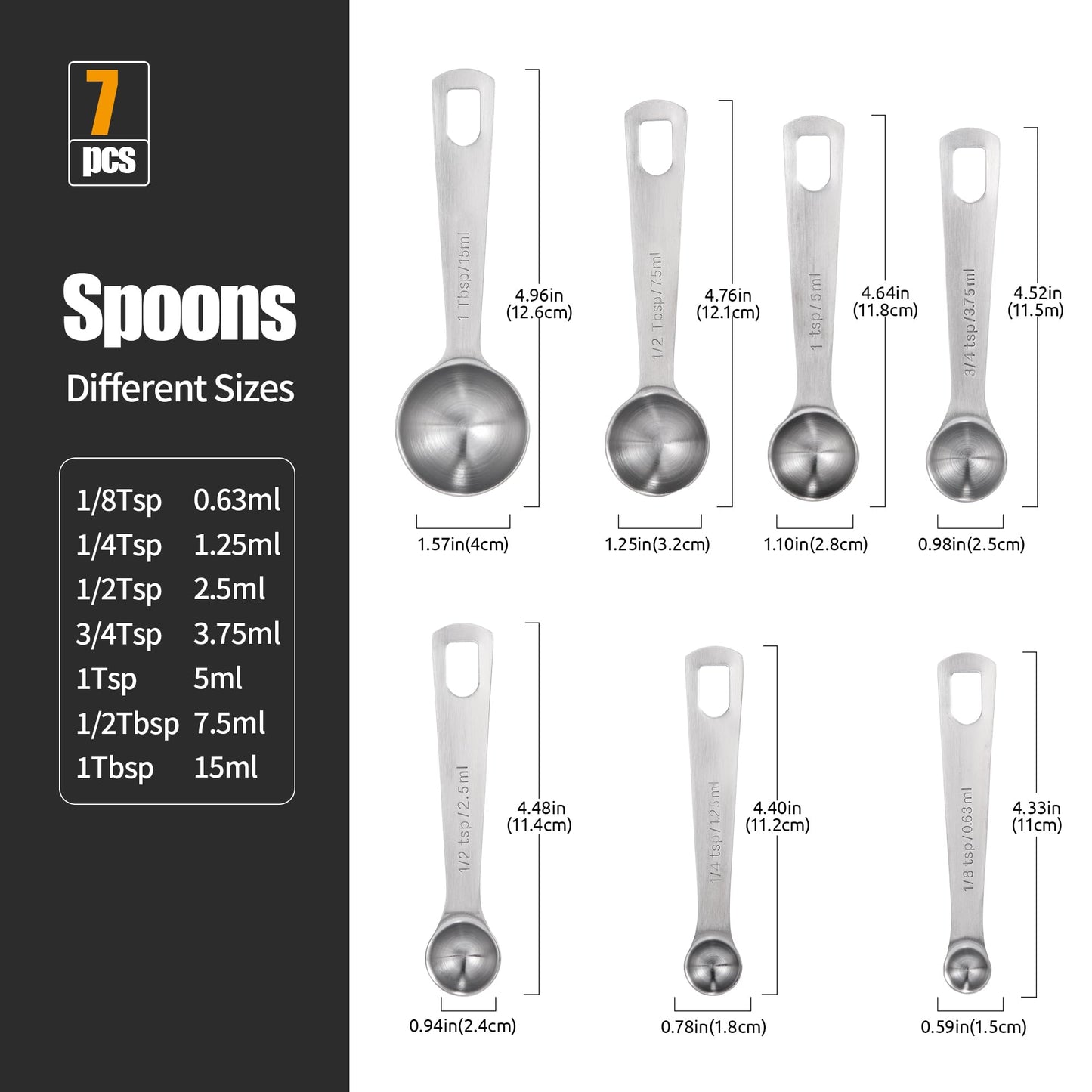 Doosu Measuring Spoons Set of 7-18/8 Stainless Steel Heavy Duty Teaspoons Tablespoons with Engraved Metric & US Measurements, Metal Measure Spoon for Dry and Liquid Ingredients, Dishwasher Safe