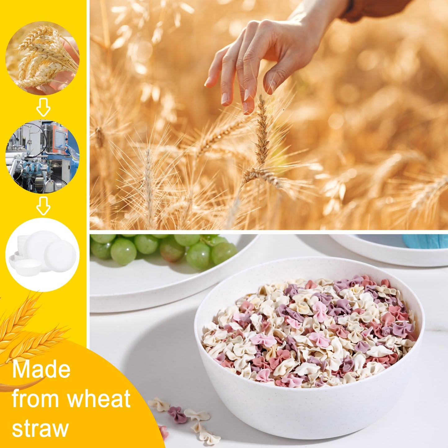EI 12pcs White Wheat Straw Plates,Wheat Straw Dinnerware Set,Plates and Bowls Sets,Unbreakable Plastic Plate,Plastic Plates Reusable,Dinner Plates Set of 4,Plastic Dishes Set