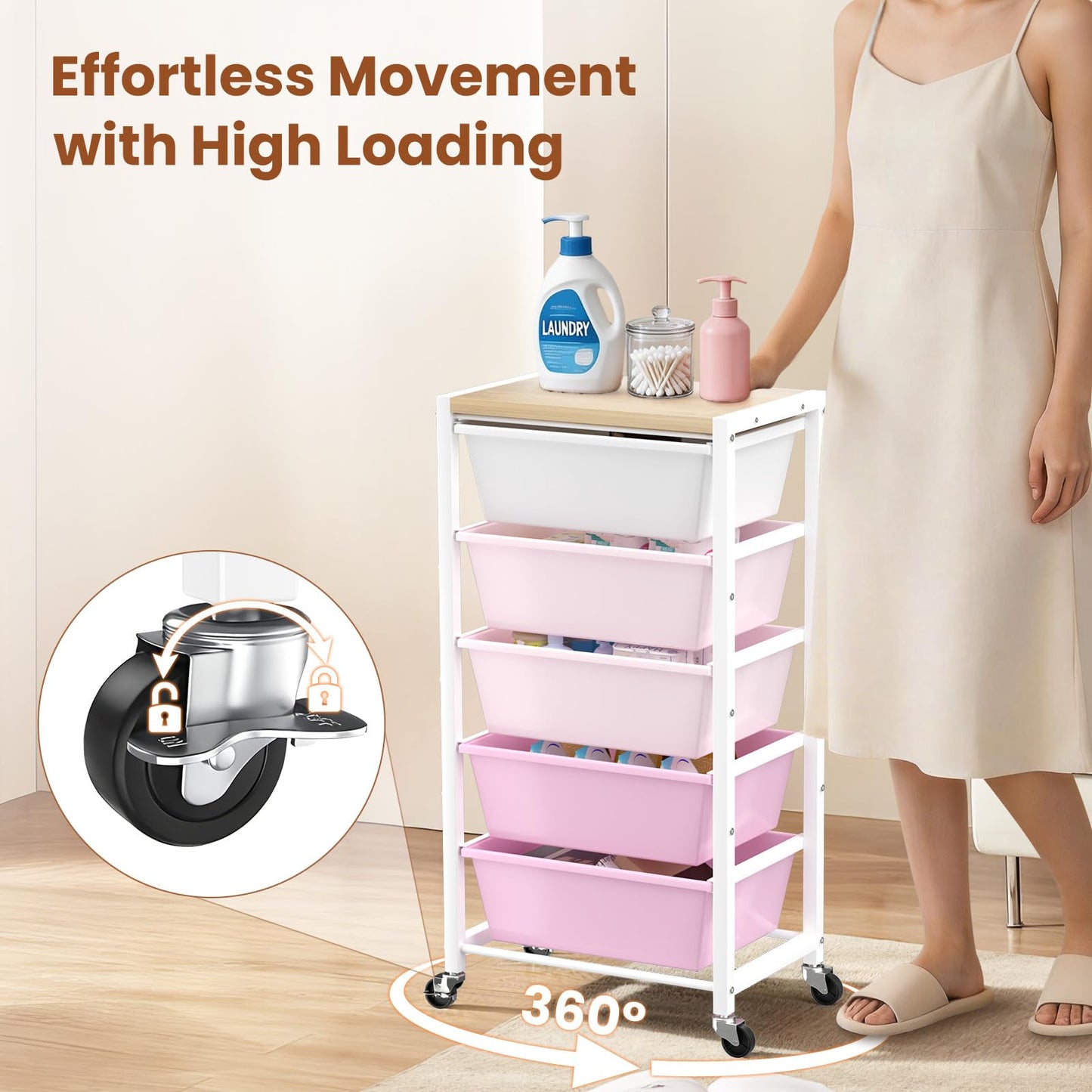 Rolling Cart with 5 Drawers, Plastic Drawer Storage Carts with Wheels & Wooden Tabletop, Metal Utility Cart for Office Bedroom Living Room Classroom, Craft Organization and Storage, Bright Pink