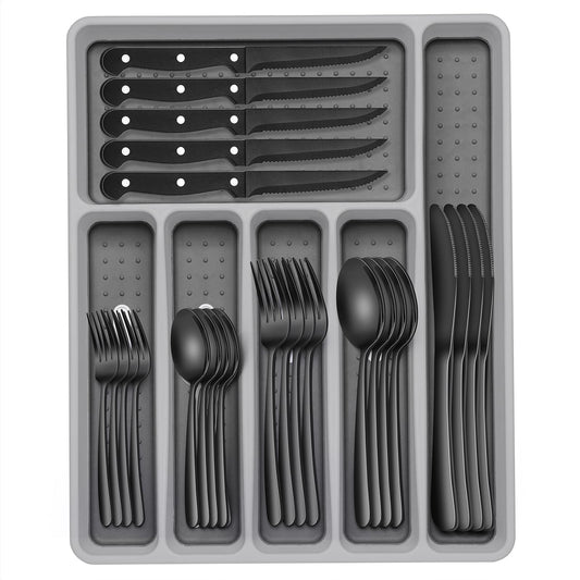 49-Piece Black Silverware Set with Organizer, Heavy Duty Stainless Steel Flatware for 8, Cutlery Utensil Sets with Steak Knives, Rust-proof, Mirror Polished, Dishwasher Safe, Black Heavy Duty