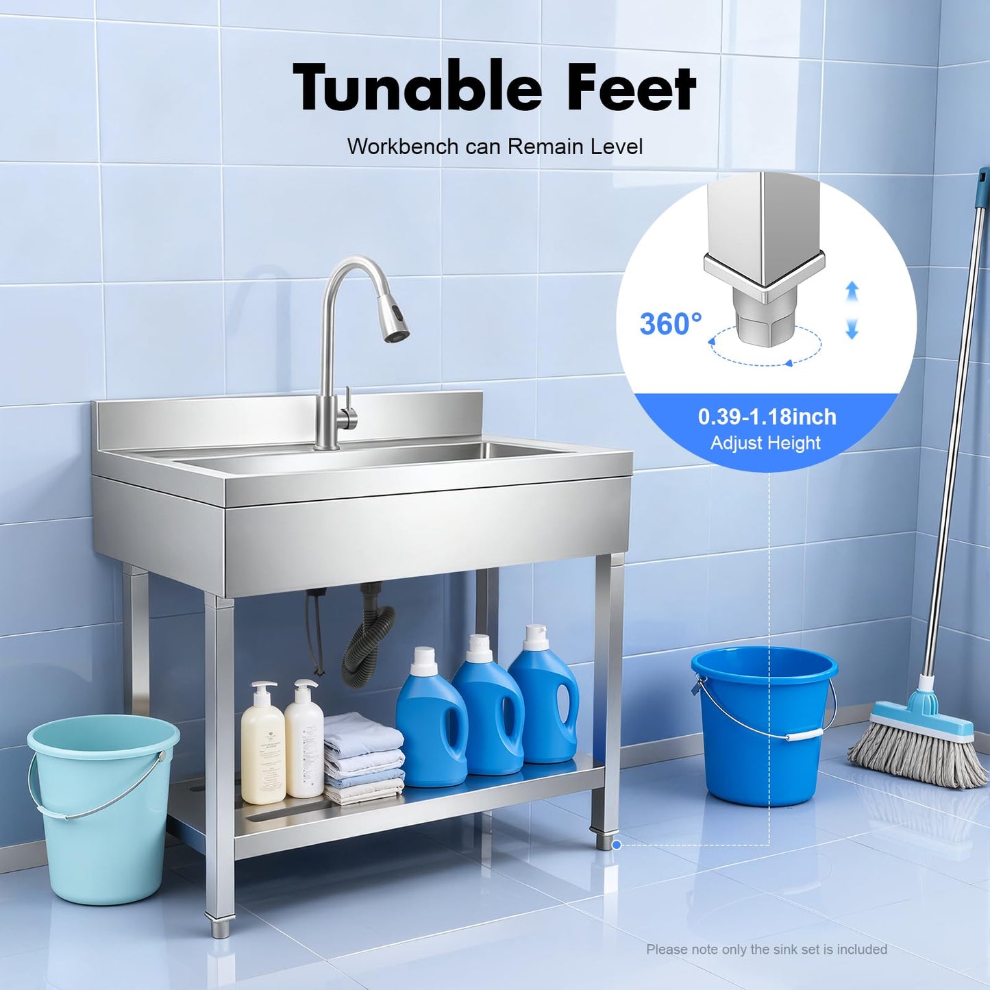 Stainless Steel Utility Sink, Freestanding Single Bowl Utility Sink with Storage Rack, Faucet, Commercial Bowl Kitchen Sinks for Kitchen Laundry Room Farmhouse Indoor and Outdoor, 39" x 20" x 31.5"
