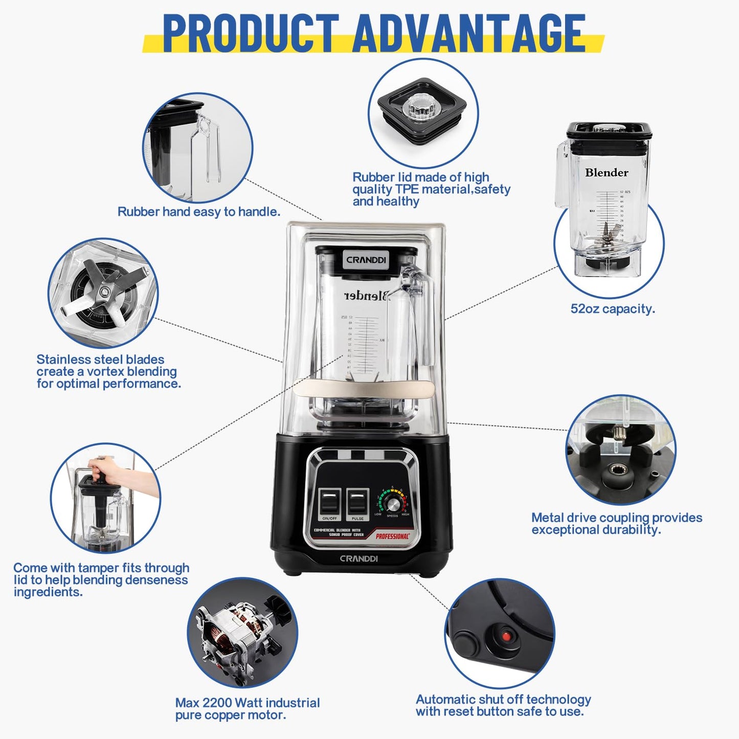 CRANDDI Professional Smoothie Blender, 2200W Commercial Soundproof Quiet blender with Removable Soundproof Shield for Crushing Ice, MilkShakes, Puree, Self-Cleaning, 50oz 110V K80 (Black)