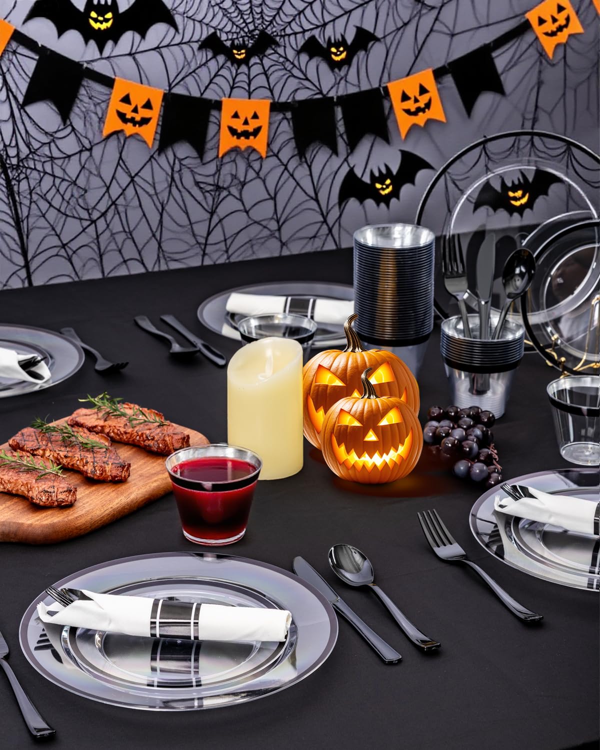 BESTVIP 350Pcs Clear Black Plastic Plates for Party, Disposable Dinnerware Set for 50 Guests, 100 Plastic Plates, 50 Cups, 50 Pre-Rolled Napkins with Cutlery for Graduation Party, Wedding, Halloween