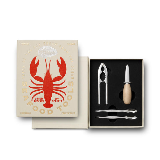 Printworks The Essentials, Seafood Tools – Seafood Tools Set with Oyster Knife, Shell Cracker & 4 Seafood Picks in Elegant Book-Style Case