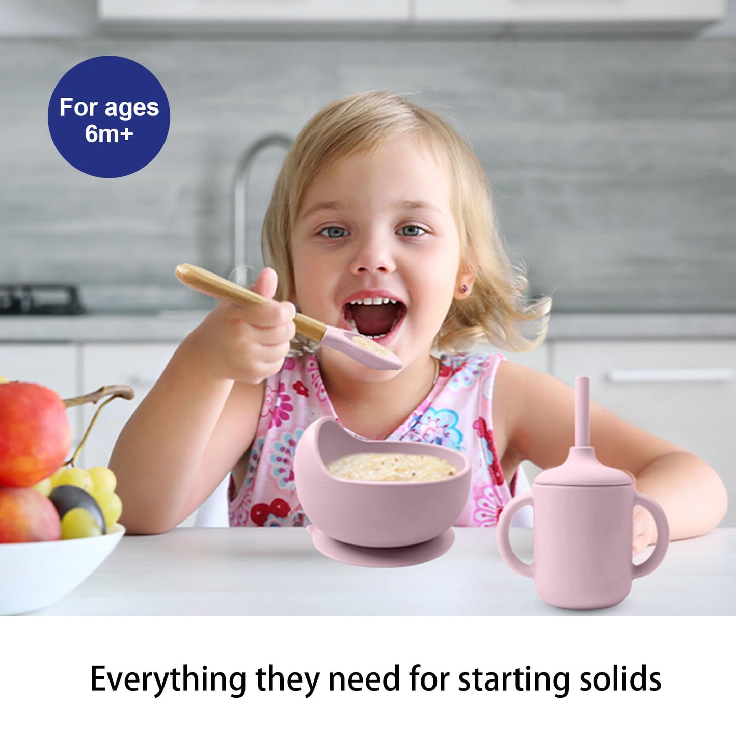 LITTLE RAWR Silicone Baby Feeding Set 14 Pcs,Baby Led Weaning Supplies, Baby Spoons Suction Bowl Divided Plate Bib Cup Finger Brush,First Stage Solid Food Eating Utensils - 6+ Months(Light Pink)