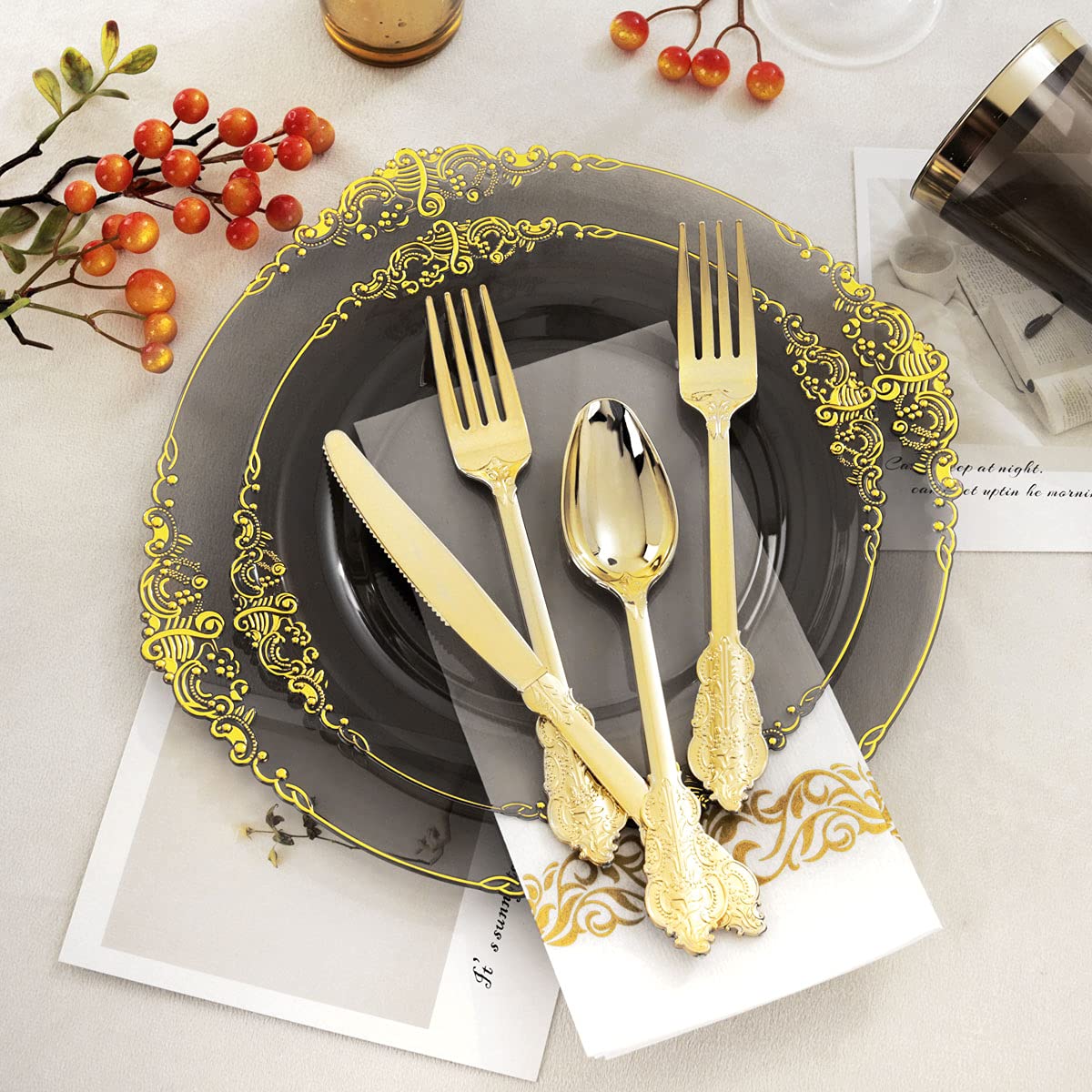 Nervure 175pcs Clear Black Plastic Plates - Gold Plastic Dinnerware Set for 25 Guests include 50 Disposable Plates,75 Gold Silverware,25 Cups,25 Napkins Perfect for Party&Independence Day