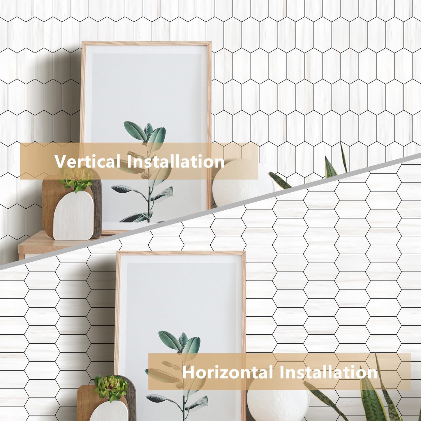 Vamos Tile Long Hexagon Peel and Stick Backsplash Tile - 10 Sheets Stick on Backsplash for Kitchen and Bathroom 12.4 x 12 Inch Dolomite Marble Look PVC Self Adhesive Mosaic Wall Tiles