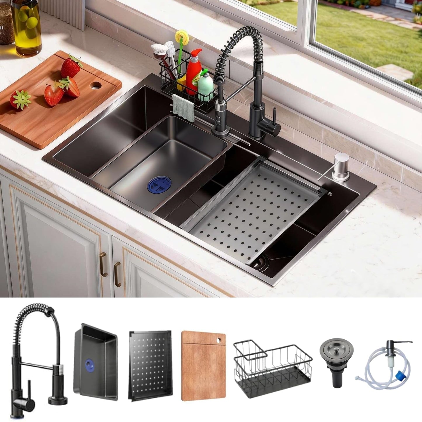 30x18 Black Drop-in Kitchen Sink: Deep Single Bowl Stainless Steel Workstation with Faucet & Accessories Combo for Family Kitchen—Scratch Resistant & Noise Reducing