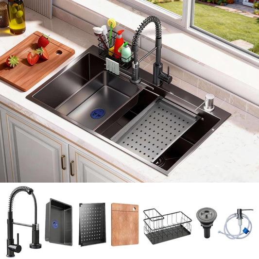 30x18 Black Drop-in Kitchen Sink: Deep Single Bowl Stainless Steel Workstation with Faucet & Accessories Combo for Family Kitchen—Scratch Resistant & Noise Reducing