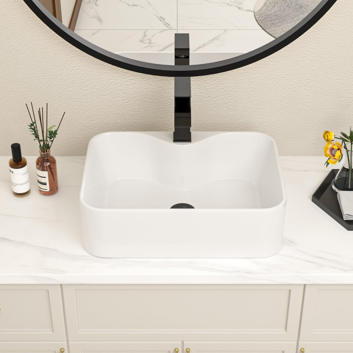 Lofeyo Bathroom Vessel Sink 19''x15'' with Black Faucet and Drain Combo, Rectangular White Ceramic Above Counter Vanity Sink for Modern Bathroom