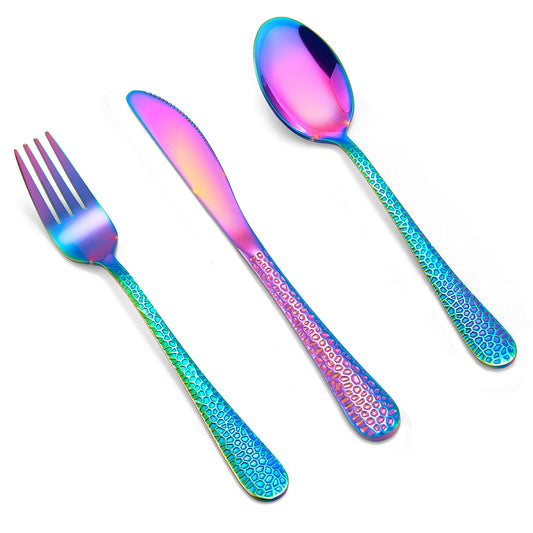 LIANYU 12-Piece Rainbow Kids Silverware Set, Stainless Steel Toddler Utensils, Hammered Preschooler Metal Flatware Cutlery Set, Children Tableware Includes Knives Forks Spoons, Dishwasher Safe