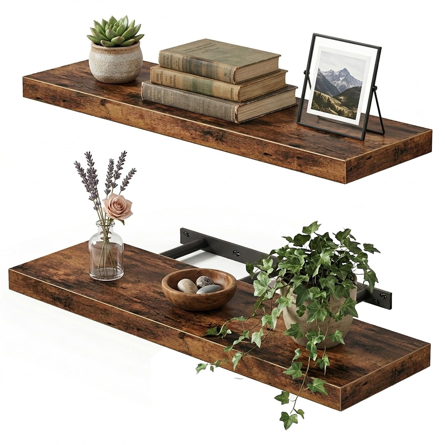 Fixwal Wood Floating Shelves for Wall, 22" Long Wall Mounted Shelves for Living Room, Bedroom, Bathroom and Kitchen, Wall Shelves for Storage, Books, Room Decor (Rustic Brown, Set of 2)