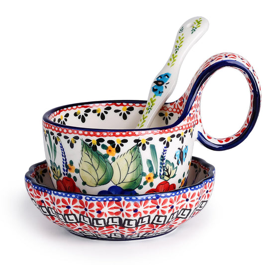 silesia Handmade Loop Handle Soup Bowl, Plate and Spoon Set Ceramic Hand Painted Cereal Bowl Great for Soup, Ice cream, Snack, Stew in Gift Box, Dishwasher & Microwave Safe, Polish Garden
