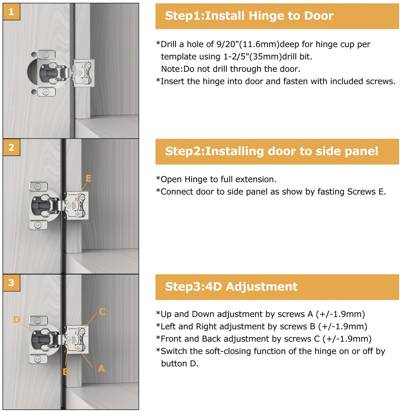 Furniware 20 Pieces 1/4" Small Overlay Concealed Face Frame Hinges, 105° Open Angle 4 Level Soft Close Screw On Compact Cabinet Hinge,for Face Frame Door, Soft Close On/Off Switch, Self Closing