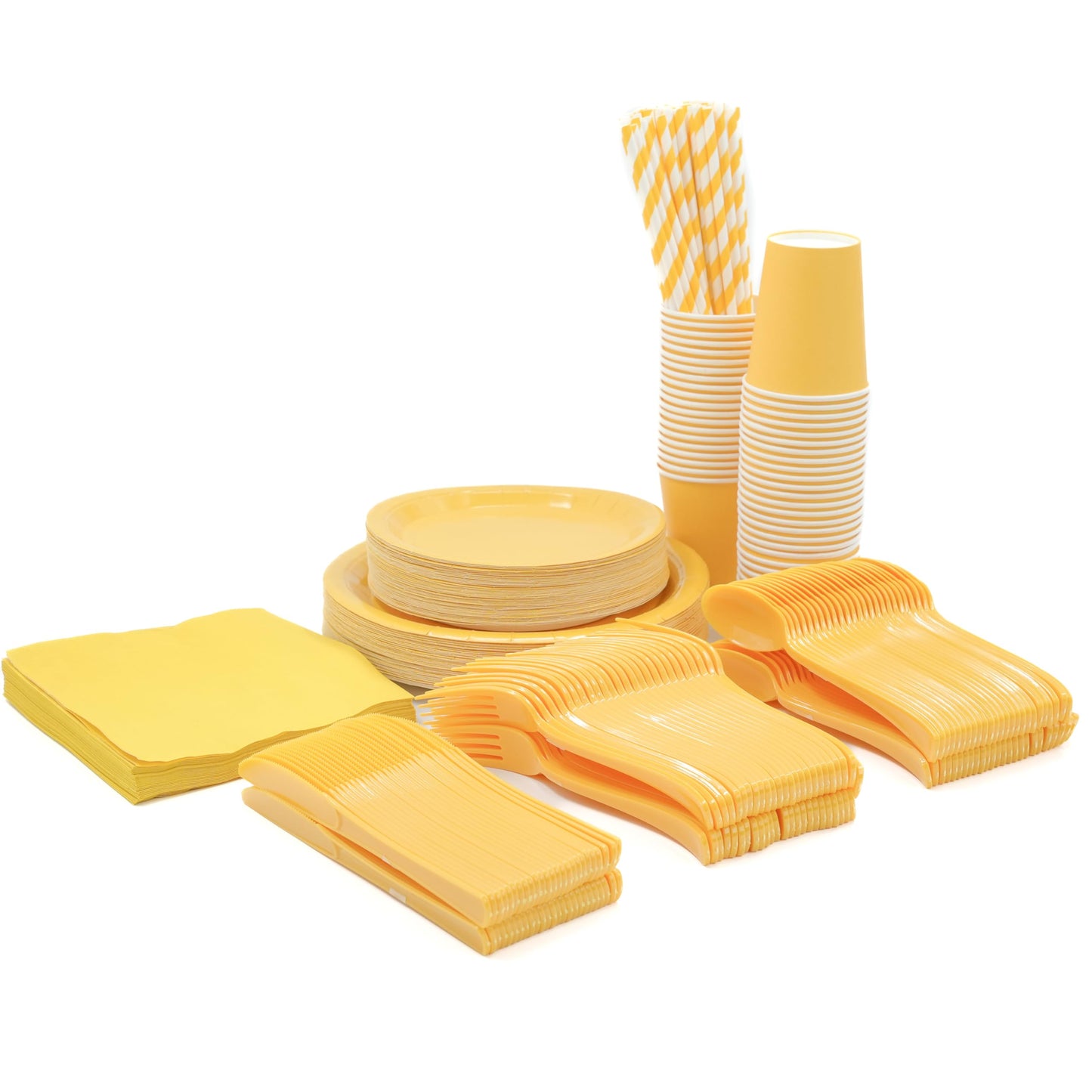 DX DENGXUAN 400-Piece Yellow Party Set,Disposable Paper Plates Cups Plastic Spoons and Fork Knives Yellow Napkin,Suitable for 50 Guests,Disposable Party Tableware Set,Wedding Birthday Party.
