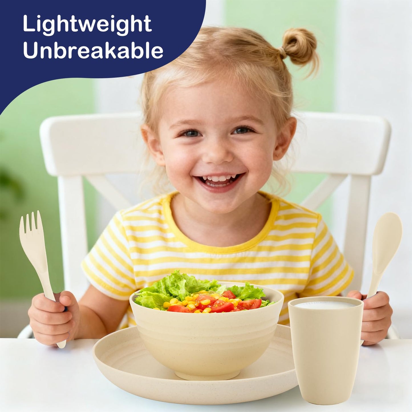 Perlapoc Kitchen Wheat Straw Dinnerware Sets for 4, Unbreakable Kids Dish Set 20 PCS - Dinner Plate/Cereal Bowl/Cup/Fork/Spoon, for Outdoor Camping, RV, Apartment Essentials - Beige