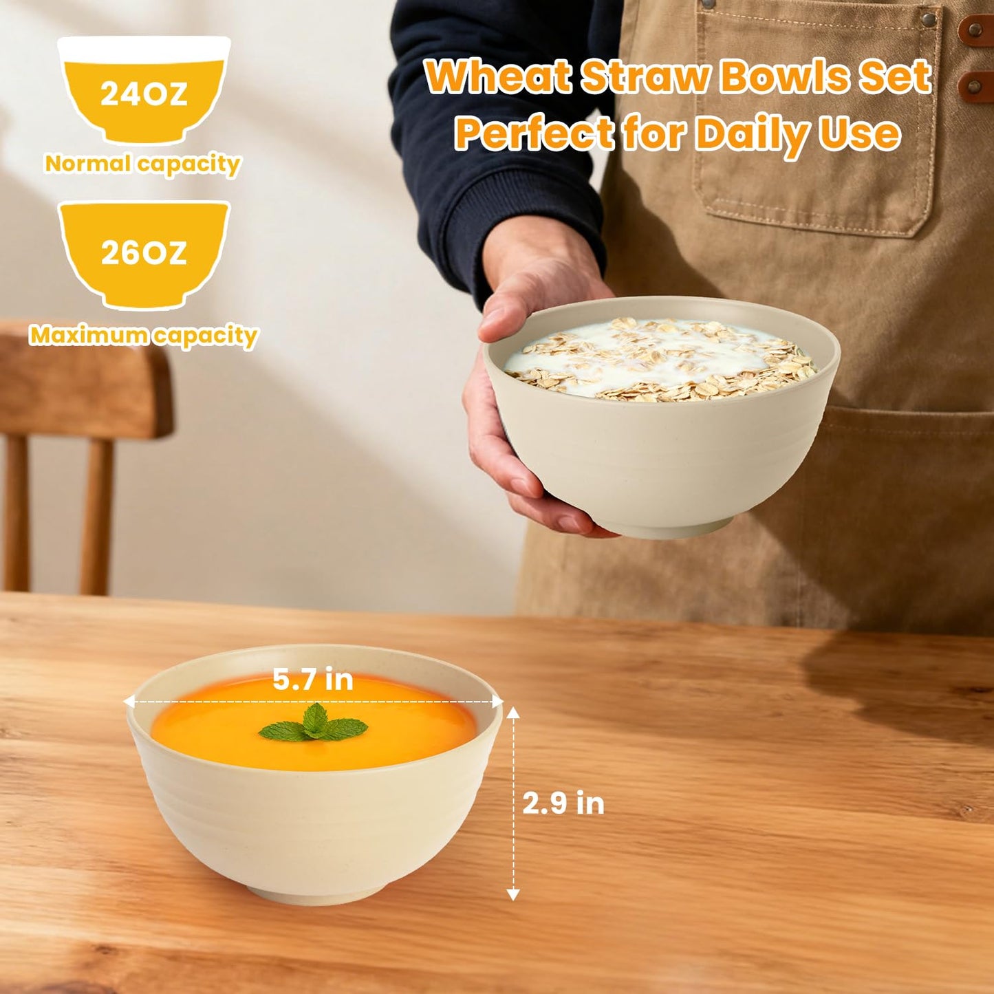 Homienly Kitchen Bowls Wheat Straw Unbreakable Bowls for Dorm,RV,Camping,Cereal Bowls Set of 6 Lightweight and Stackable Bowls for Microwave and Dishwasher Safe (26oz,Beige)