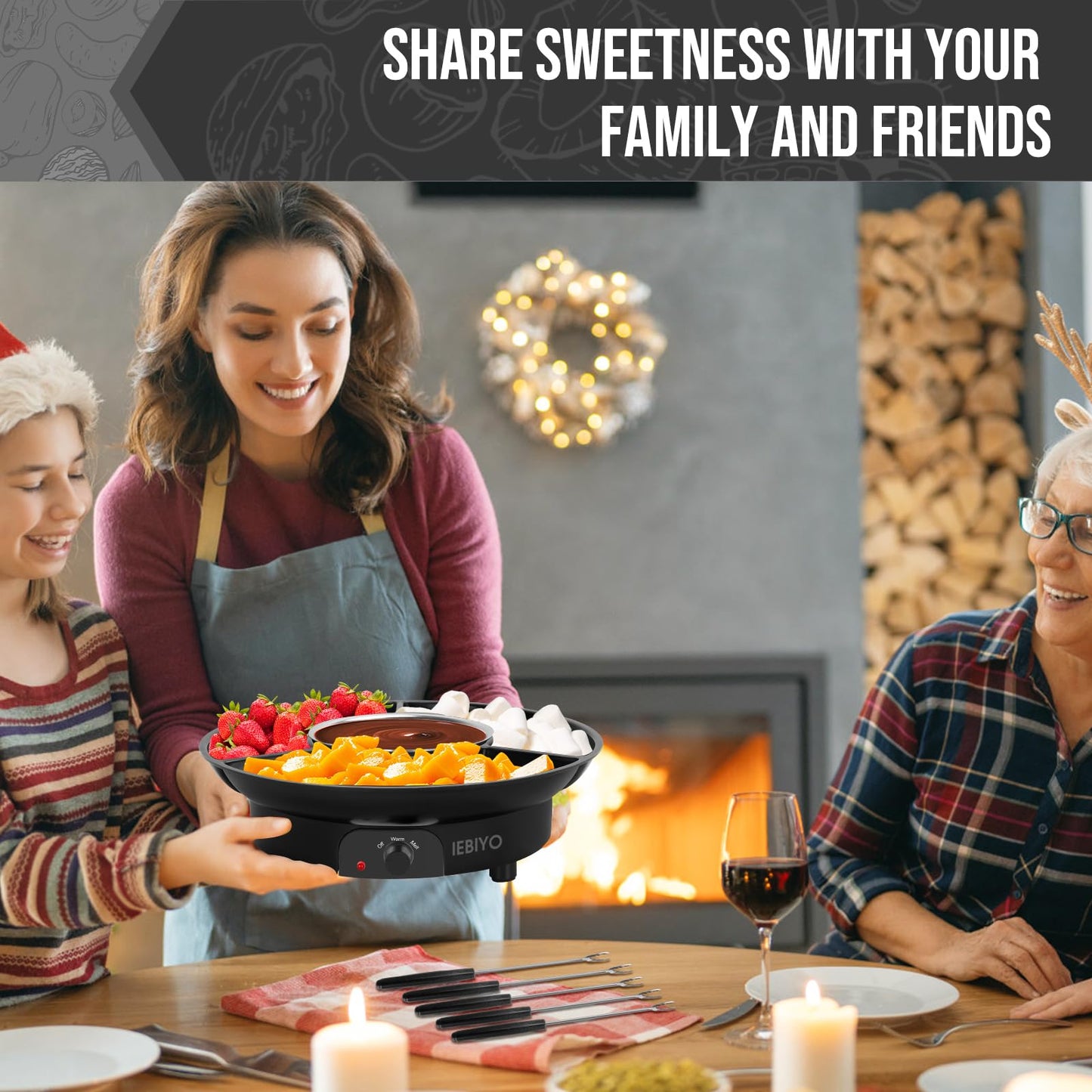 IEBIYO Chocolate Melting Pot Electric Chocolate Fondue Pot Set 3-Section Food Trays with 6pcs Dipping Forks Perfect for Chocolate Cheese Dessert Housewarming Christmas Party Gifts (Black)