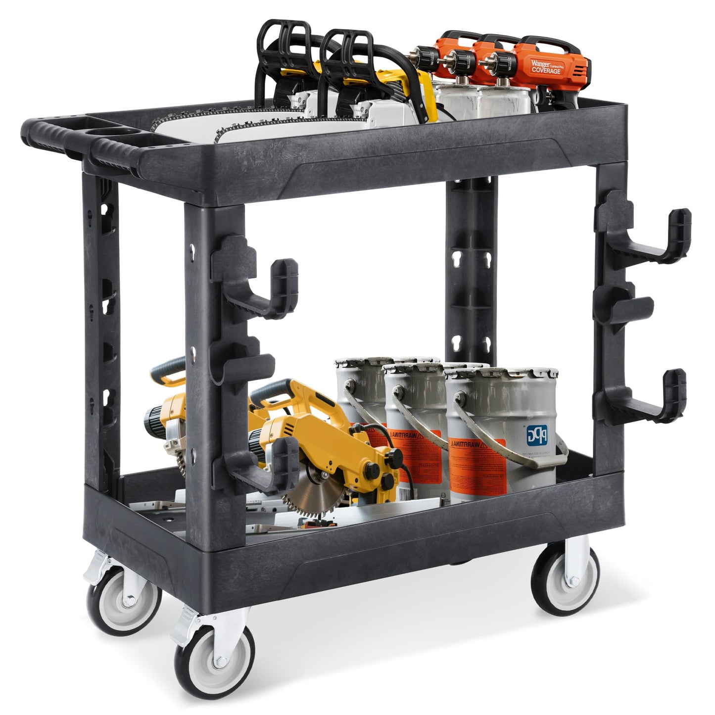 BSMTEK 850lbs Heavy Duty Plastic Utility Cart 34 x 17 Inch-Heavy Work Rolling Cart with Upgraded Side Tube Holder Hooks, 2 Tier Service Cart with Full Swivel Wheel for Warehouse,Garage, Cleaning,Black