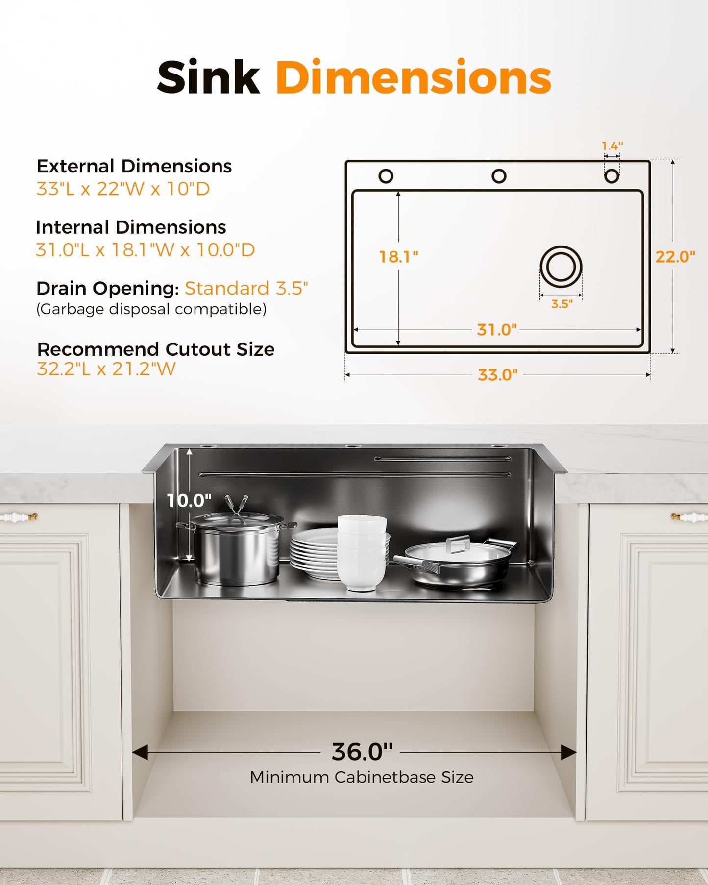CAMMOO 33X22 Drop In Kitchen Sink, Nano 304 Stainless Steel Workstation Sink, Pop-Up Drain, Upgraded Fast Drain & Anti-Clog, Topmount Single Bowl with Accessories, Foldable Grid, black sink
