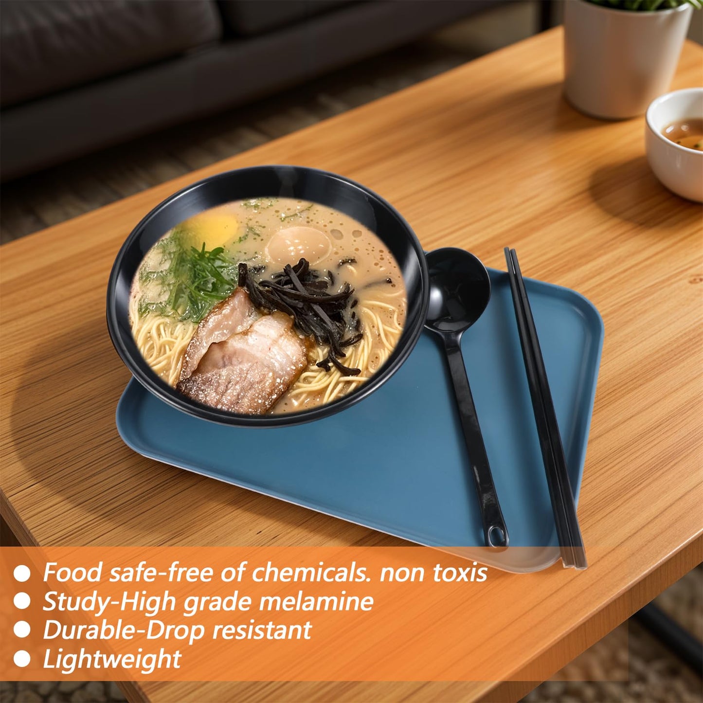 Set of 4 Ramen Bowl Set, Melamine Large Japanese Style Noodle Soup Bowls with Spoons and Chopsticks for Ramen, Pho, Noodles, Asian Dishes Black,Large Bowl for Adults| Dishwasher Safe (Black 8.7in)