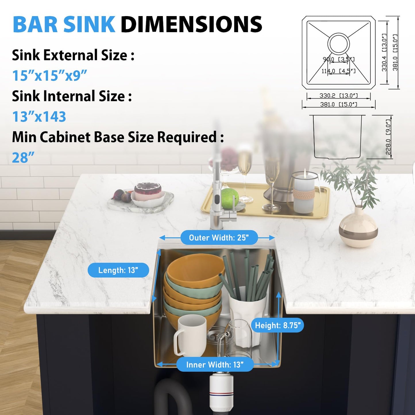Zeayoun 15 Inch Undermount Bar Sink 15 x 15 Kitchen Sink 304 Stainless Steel Single Bowl Under Counter Sink for Outdoor, RV, 15x15x9