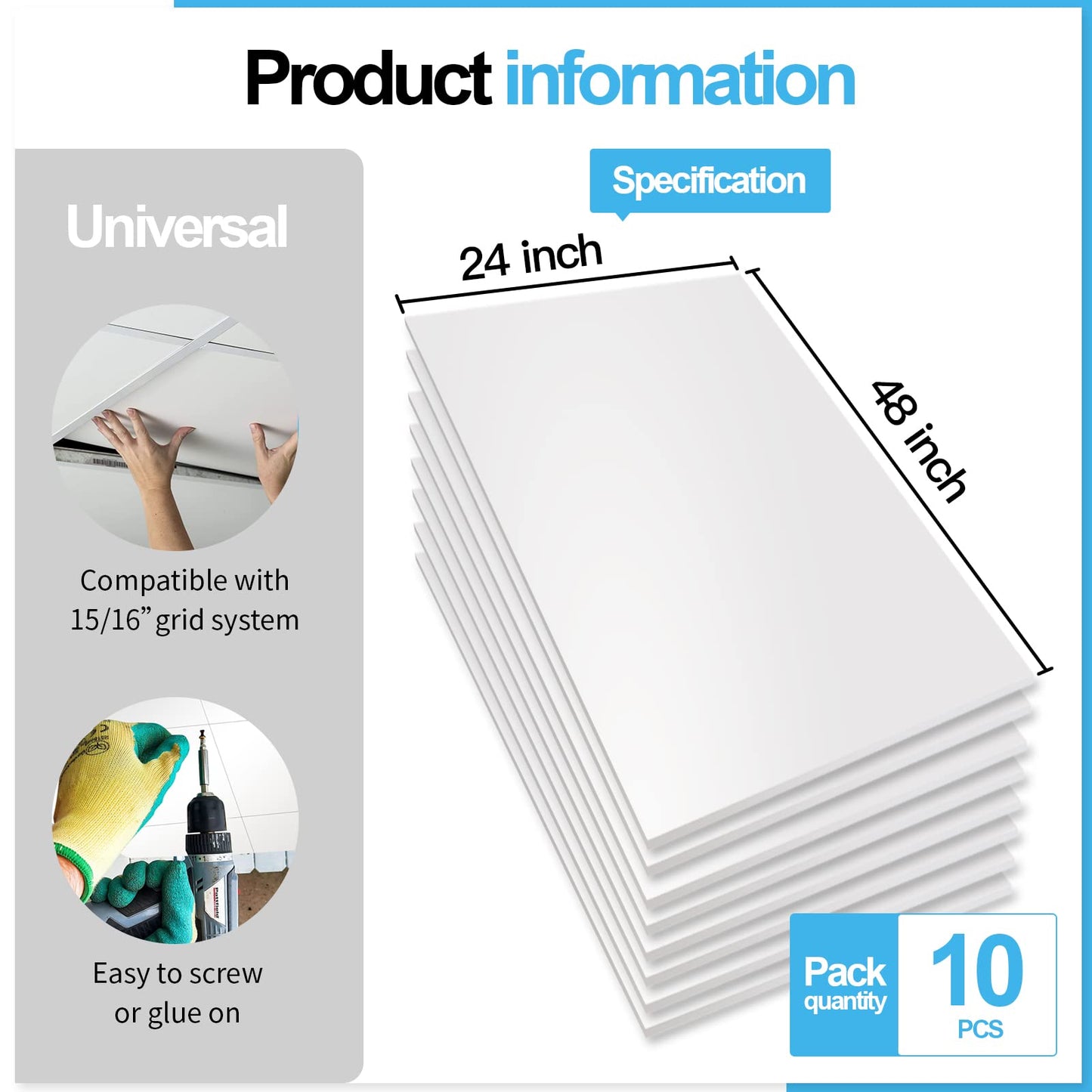 Art3d 10-Pack Smooth Drop Ceiling Tile 2ft x 4ft - Fire-Rated, Waterproof, Reusable - Premium PVC, No Sag and Breakage - Cover 80 Sq. Ft, White