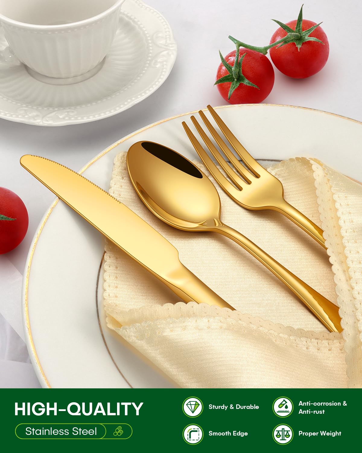 PHILIPALA 60 Piece Gold Silverware Set, Stainless Steel Flatware Set for 12 Food Grade Cutlery Utensil Set Include Knife Fork Spoon Mirror Polished Dishwasher Safe