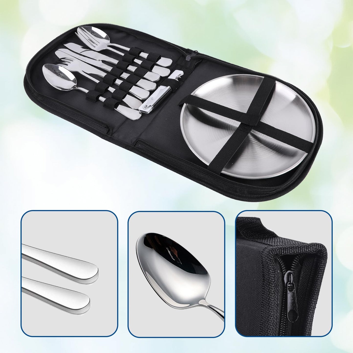Outdoor Camping Silverware, 10Pcs Set Stainless Steel Outdoor Camping Mess Kits Includes Forks, Spoons, Knives, Fork Spoon Dish and Cap Opener, Plates - Portable Cutlery Bag (Stainless Steel)