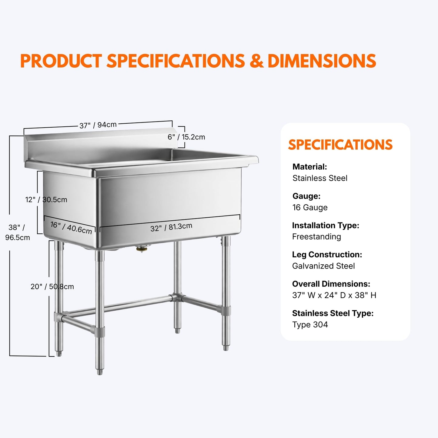 Commercial Stainless Steel Utility Sink with Backsplash, Single Compartment, 32" x 16" x 12" Deep Bowl, 16-Gauge - for Janitorial Area, Commercial Kitchen, Garage, Laundry Room
