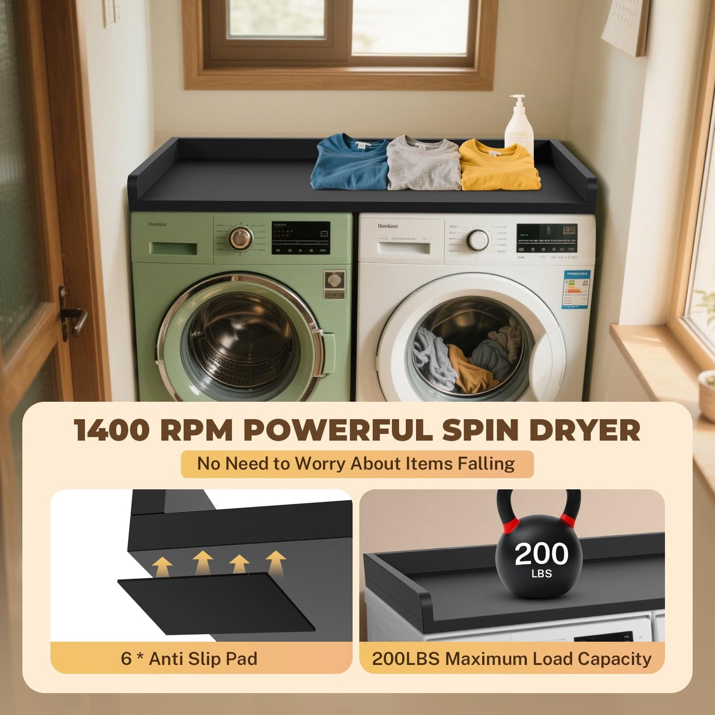 FAHKNS Washer Dryer Countertop - 54" Wood Laundry Washer Dryer Topper with Anti-Slip Mat, Waterproof Laundry Room Organization, Elegant & Space-Saving, Black