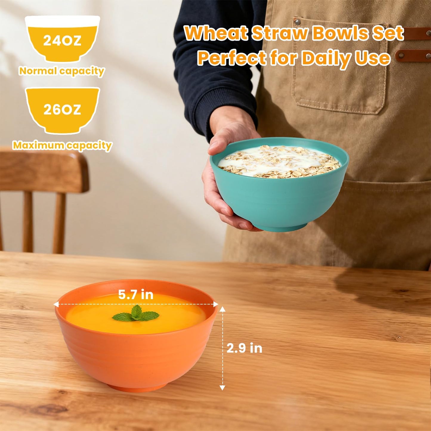 Homienly Plastic Bowls Alternative, Unbreakable Wheat Straw Cereal Bowls 8 PCS - Microwave & Dishwasher Safe Bowl for Cereal, Snack, Rice, Salad, Soup Bowls for Kitchen, Camping, Party(Muliti,26 OZ)