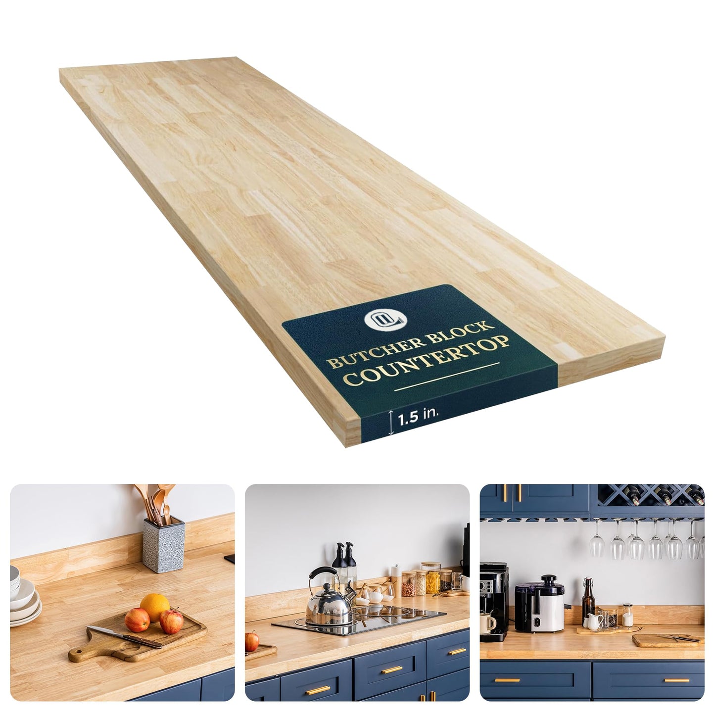 AllForWood 36''L x 25''W x 1.5''Th Hevea Solid Wood Butcher Block Countertop, Butcher Block Table Top for DIY Washer Dryer/Island/Kitchen Countertop (Unfinished)