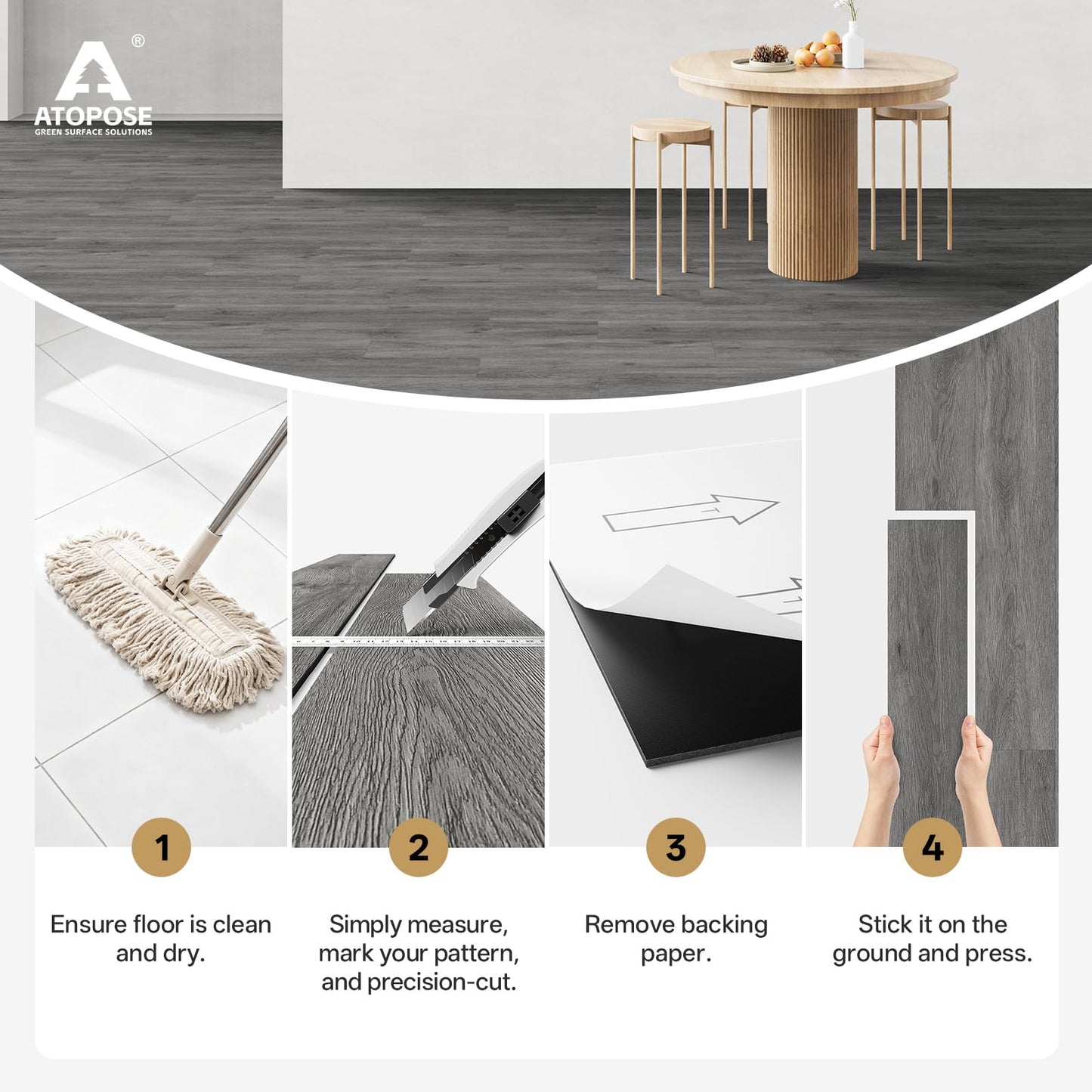 ATOPOSE Peel and Stick Floor Planks Waterproof,Wood Grain Effect Flooring,Dark Grey, 36-Pack 54 sq ft— Easy DIY Install and Transfer Quickly for Kitchen, Bathroom,Bedroom,Other Indoor Spaces