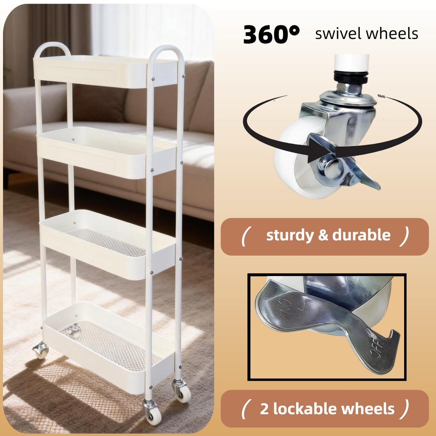 LIWNYRK 4 Tier Slim Kitchen Storage Cart for Narrow Space, 7.1'' Wide Metal Rolling cart with Wheels and Lockable Casters, Sturdy Mobile Thin Shelf for Laundry Room Between Washer and Dryer, White