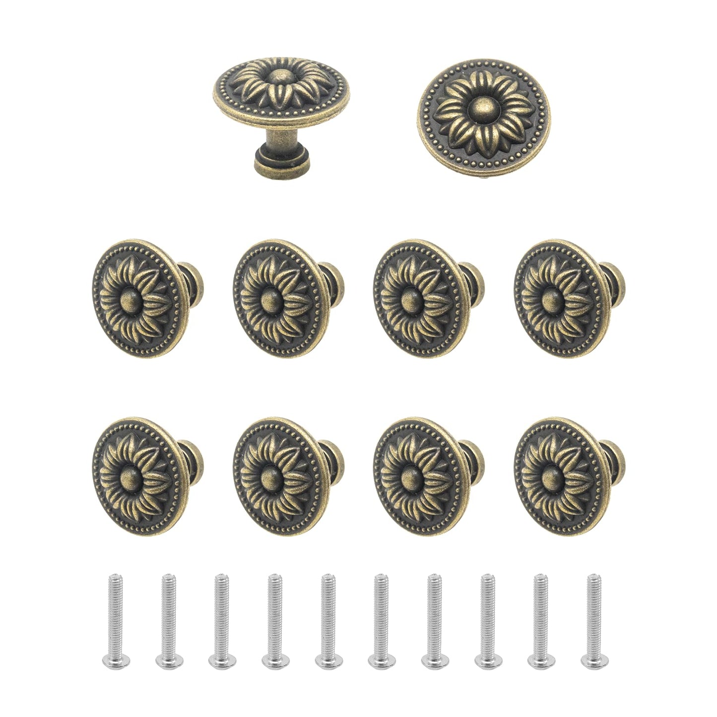 Joyangy 10-Pack Vintage Flower Cabinet Knobs, Antique Bronze Metal Pull Handles for Drawer/Drawer Doors