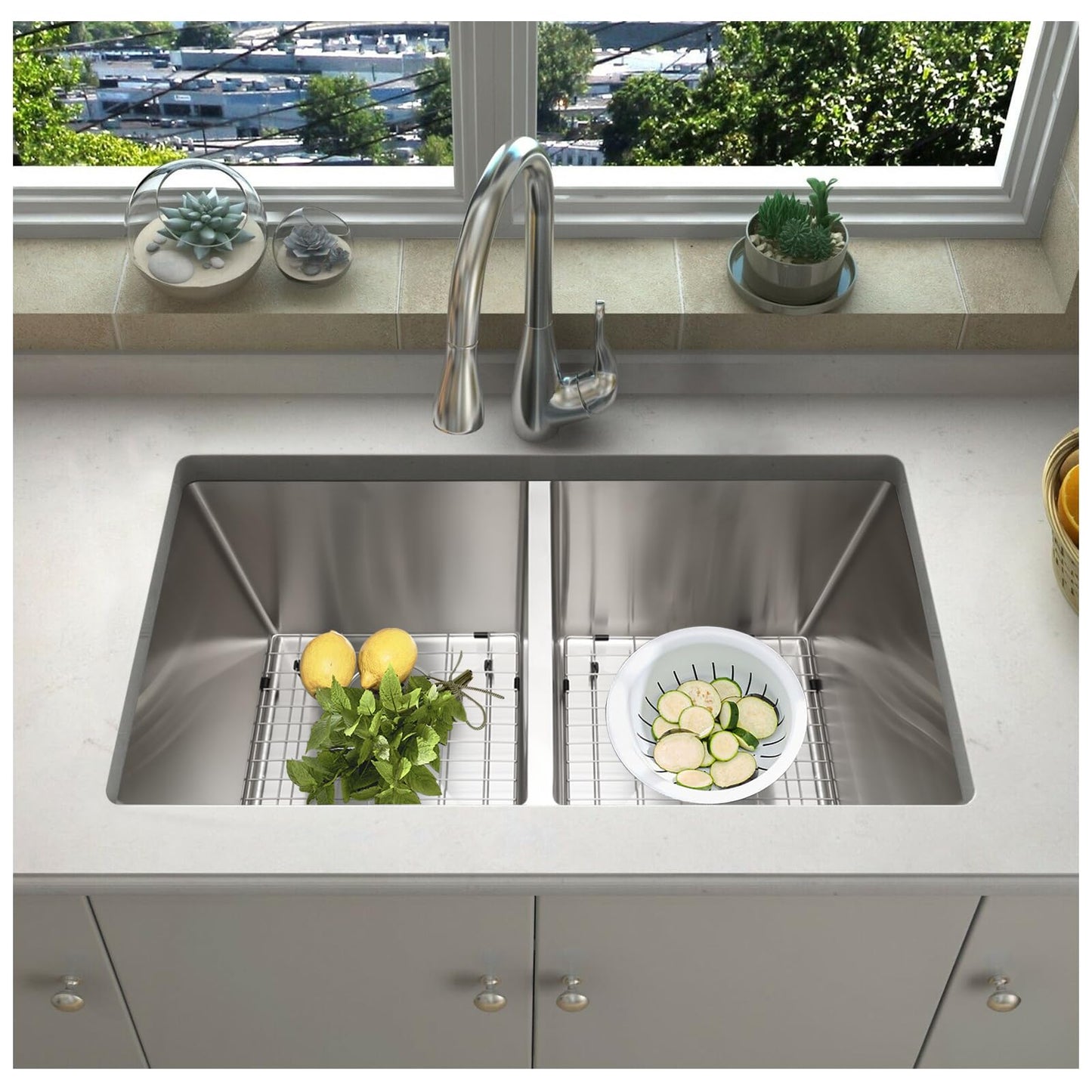 SANYCASA 33 Inch Double Bowl Kitchen Sinks with Quick Drain Slope - 11 Gauge (3mm) 304 Stainless Steel Undermount Kitchen Sink with Accessories