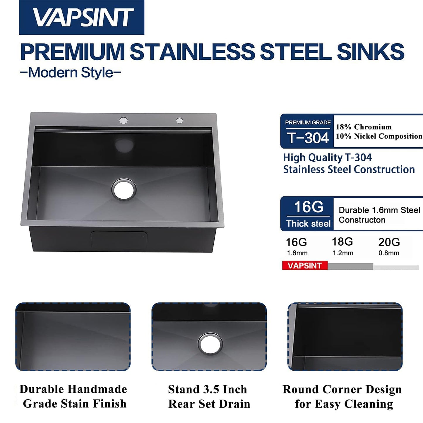 33x22 Inch Black Drop In Kitchen Sink - VAPSINT 33 Inch Top Mount Single Bowl 9 Inch Deep Handmade Workstation Sink in Gunmetal Stainless Steel with Cutting Board & Strainer